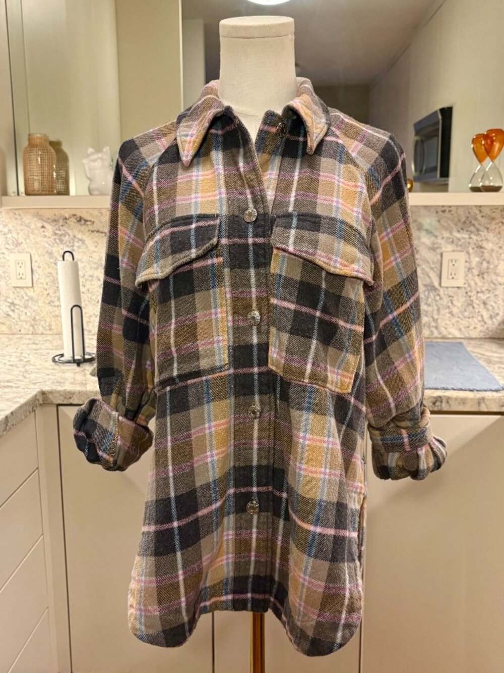 Zara Plaid Button-Up Shacket in Pink and Tan